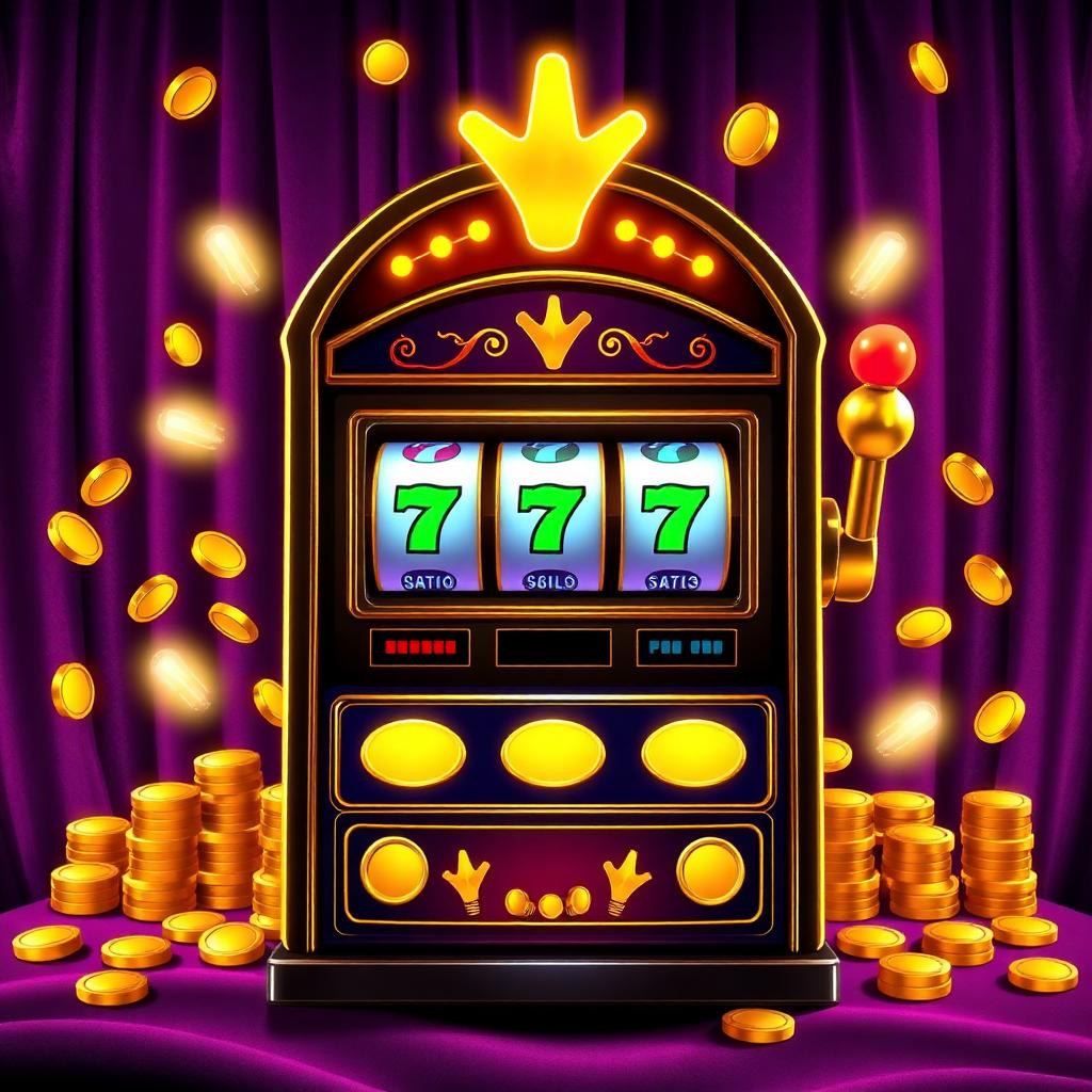 Golden arcade slot machine surrounded by coins on royal purple velvet